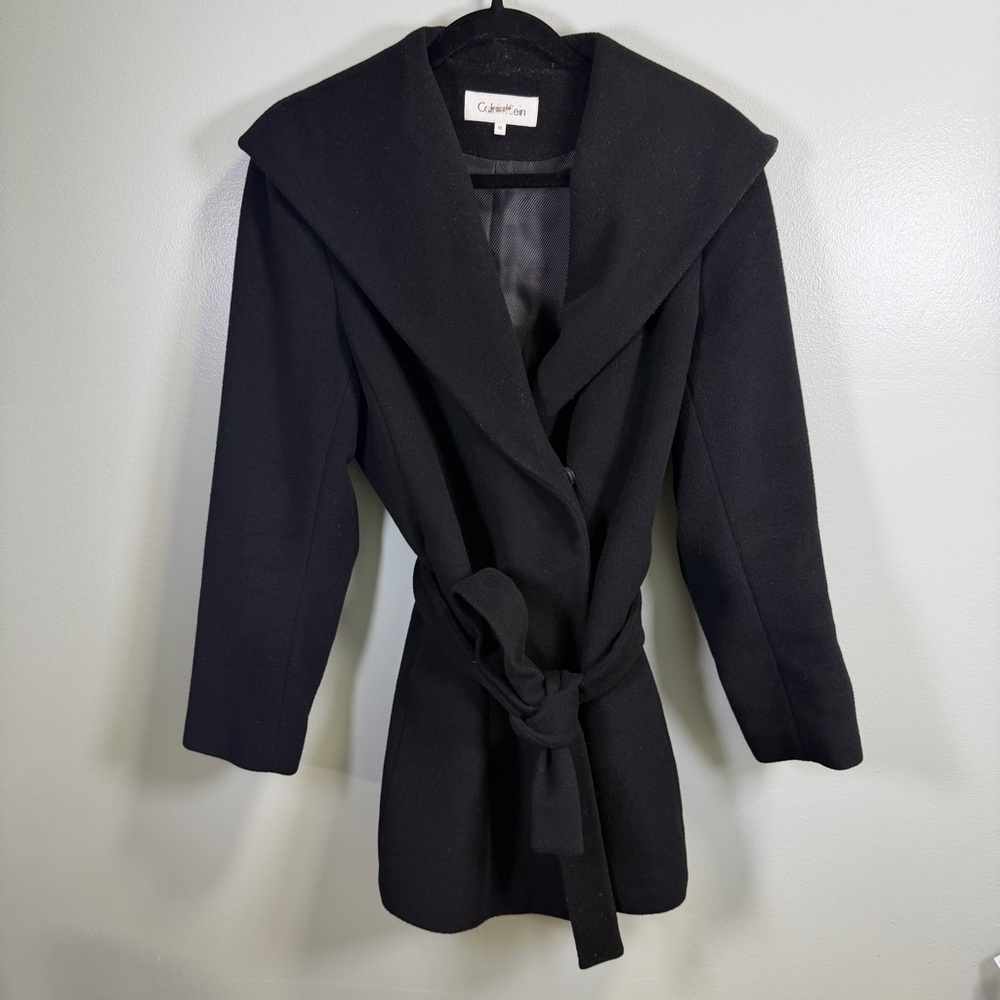 Calvin Klein Women's Black Wool-Blend Belted Coat Sz 10